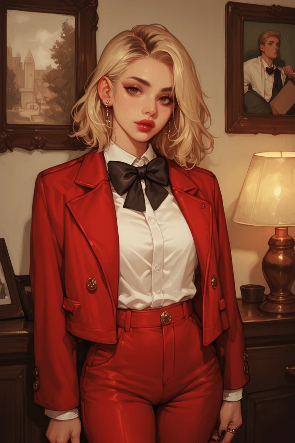 1girl, black nails, solo, black multicolored hair, blonde hair, jewelry, holding, , holding sign, , looking at viewer, earrings, white shirt, shirt, red jacket, jacket, red pants, ring, makeup, two-tone hair, bow, black bow, sign, pants, indoors, lamp, suit, lipstick, bowtie, formal, brown eyes, picture frame, nail polish, red suit, medium hair, blurry, zPDXL3, detailxl, Score_PnyReal