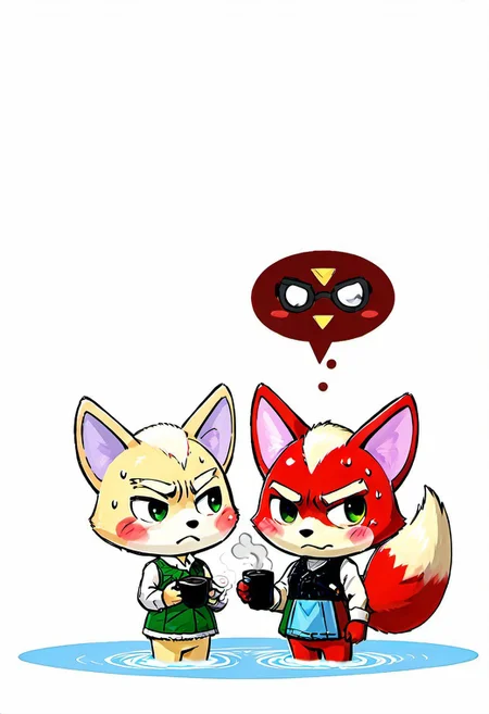 sketch,
  duo,
   cute Fox mcCloud,
   antro, poppy, marshall, white fur, red fur, pink fur, two colored fur, dress, sweater, bangs, blush,
 sweating, embarrassed, horny expression,
hot steam, coffee cup bath tub, towel wrap