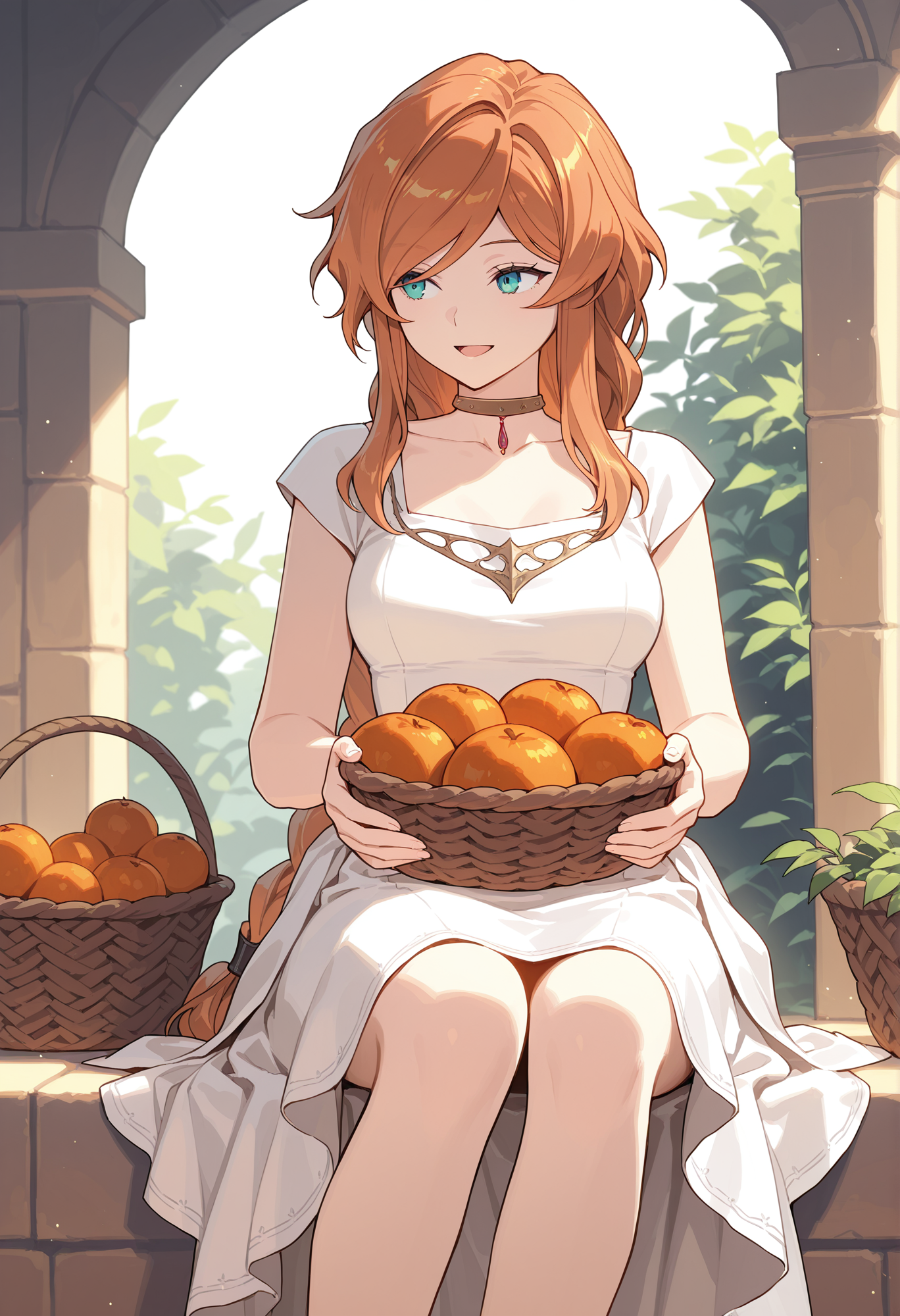 Flamme,Flamme, solo, dress, white dress, sitting, holding, breasts, braid, choker, basket, smile, open mouth, collarbone, looking to the side, feet out of frame, medium breasts