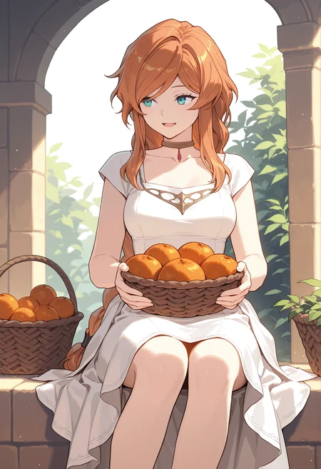 Flamme,Flamme, solo, dress, white dress, sitting, holding, breasts, braid, choker, basket, smile, open mouth, collarbone, looking to the side, feet out of frame, medium breasts
