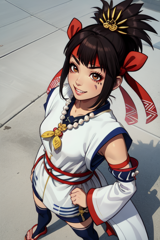 himiko, short black hair, brown eyes, ponytail, facial mark,  teeth,  from above, 
headband, hair hair ornament, blue thighhighs, detached sleeves, white robe, necklace, shorts, 
standing, upper body, 
sengoku period, castle, solo,  light smile,  
(insanely detailed, beautiful detailed face, masterpiece, best quality)
 <lora:himiko:0.7>