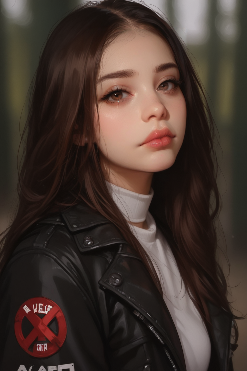1girl, solo, , brown eyes, long hair, looking at viewer, , black hair, shirt, jacket, upper body, closed mouth, brown hair, portrait, blurry, lips, nose, depth of field, realistic