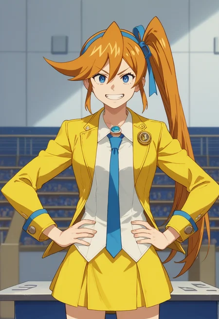 score_9, score_8, score_7, source_anime,
anime, official art,
rating_general,
<lora:athena-ponyxl-000008:1> aacykes, hair ribbon, side ponytail,
necktie, yellow jacket, yellow skirt,
1girl, solo, podium, hands on hips, grin, podium, judge, courtroom