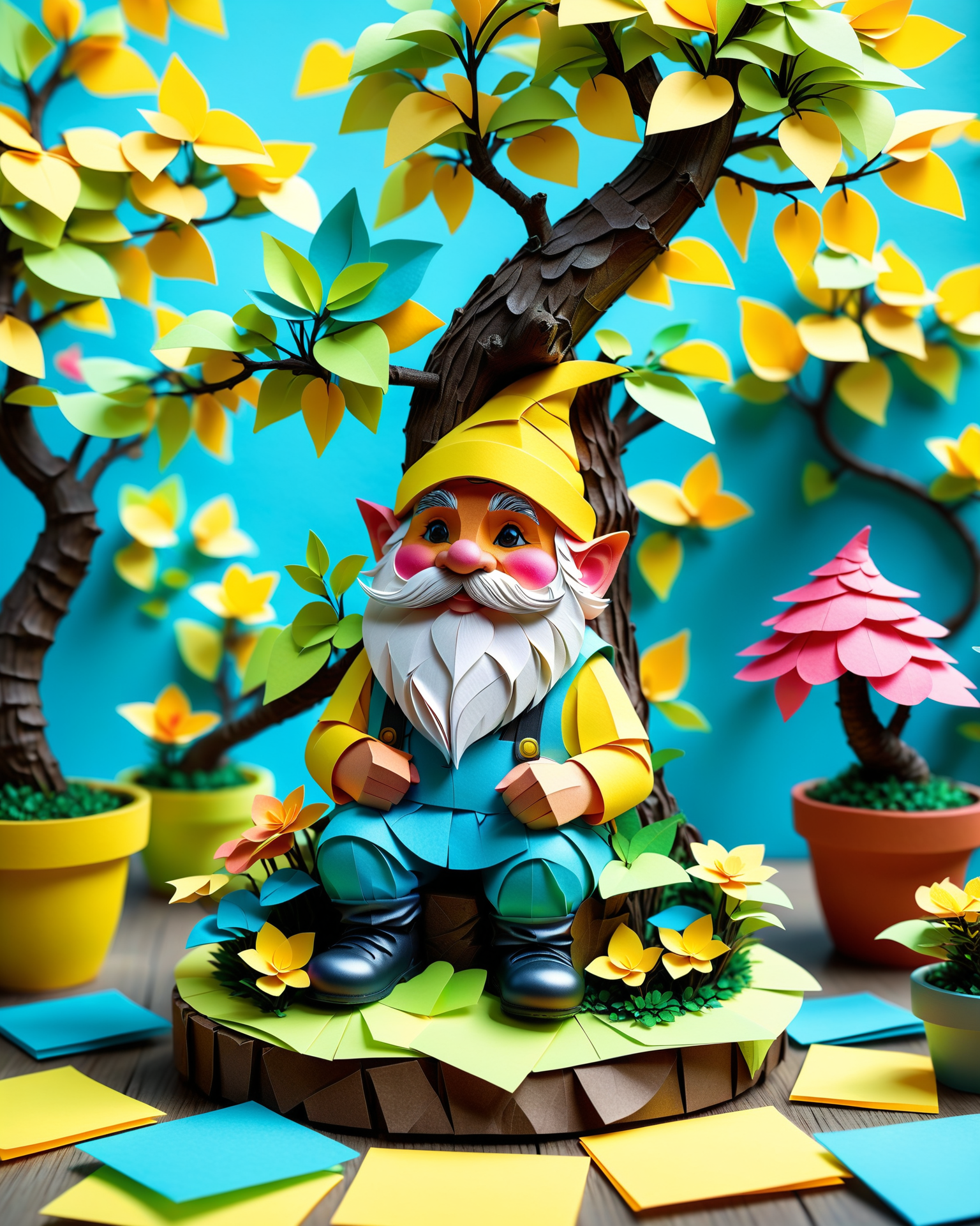 (masterpiece:1.2), (best quality:1.2), highly detailed, realistic texture, sharp details, extremely delicate and beautiful, realistic cg 8k wallpaper
<lora:add-detail-xl:1> <lora:StickyNotesStyle:0.6>  <lora:TQ_-_Paper_Quilling_Art_XL_r1:0.5> (cute:1.2), whimsical, Jed-StickyN, 
 a garden gnome trimming bonsai trees made from folded sticky notes, petal patterns in bright yellows and teals, soft midday sun and shallow depth of field