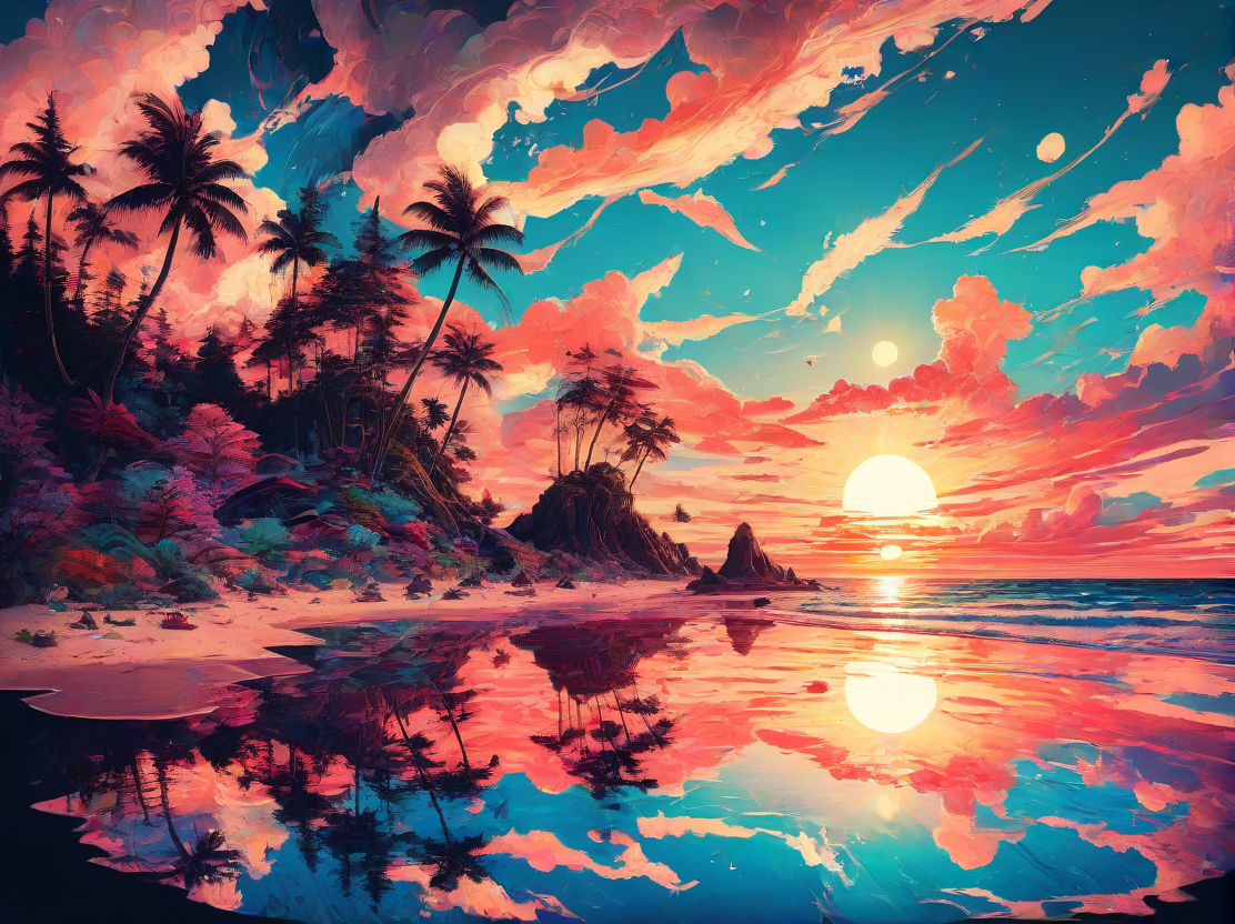 <lora:PE_EpicLand:0.8> PEEpicLand, illustration,
beautiful beach, ocean , waves, water reflection, summer, sunset