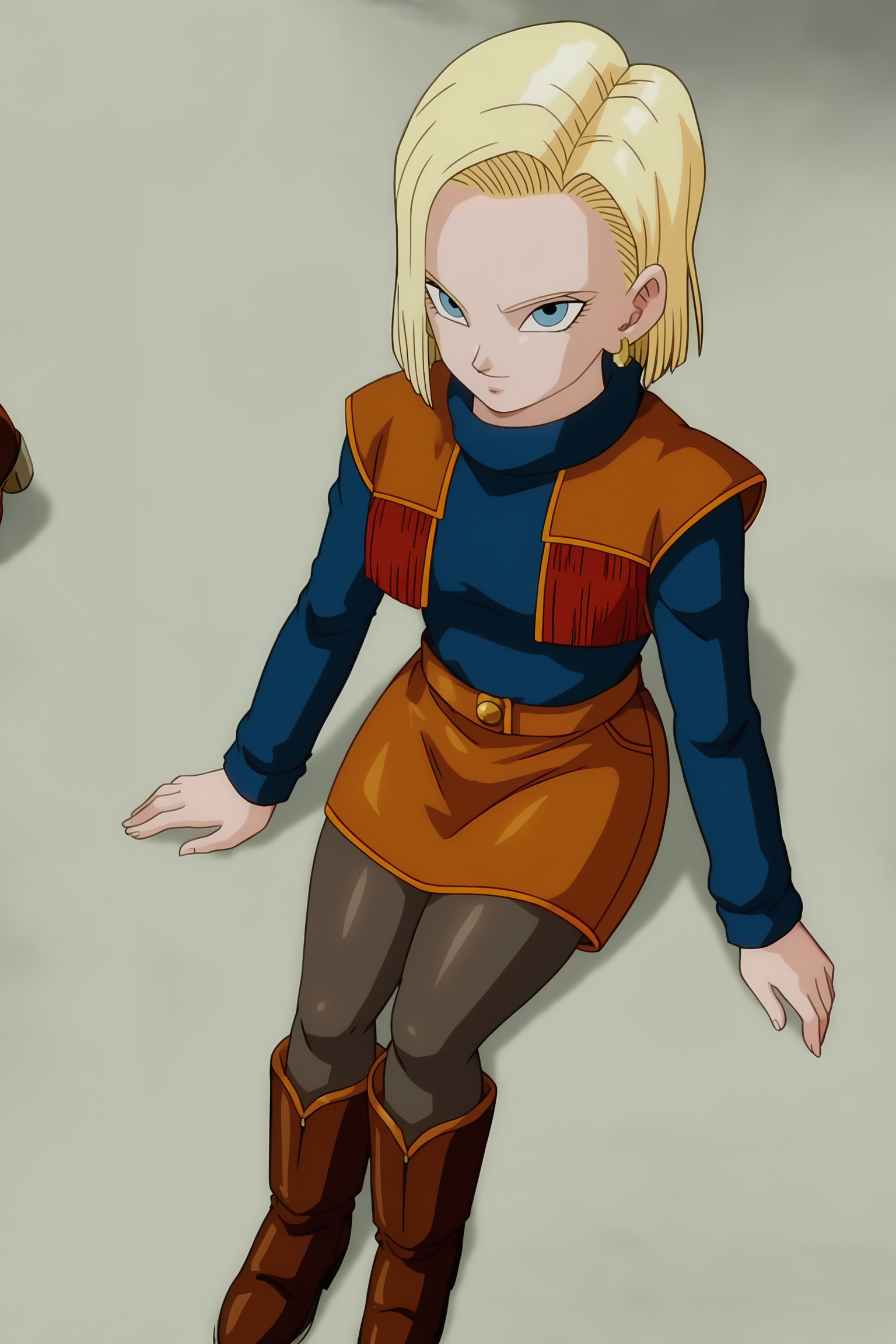 source_anime, score_9, score_8_up, score_7_up, anime screencap, absurdres,
android 18, short hair, blue eyes, blonde hair,
official style, sitting, from above, looking up at viewer, ((from above)), rock, day, outdoors, 
((cow girl outfit)), brown skirt, tassel, blonde hair, black undershirt, long sleeves, pantyhose, earrings, buttons, zipper, black legwear, turtleneck, brown footwear, brown jacket, shoulder pads, cowboy boots,
 <lora:c18_v1:0.8>