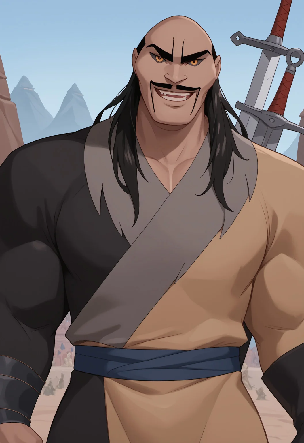 safe_pos, safe_pos, score_9, score_8_up, score_7_up, rating_nsfw, ultra hd, absurdres, masterpiece, best quality, best aesthetic, solo, 1boy, male focus, erotic, mature male, Expressiveh, wolfconf,
MulanShanYu, mustache, yellow eyes, black hair and half bald, stocky tunic, pale grey skin, looking at viewer, smile, war, battlefield