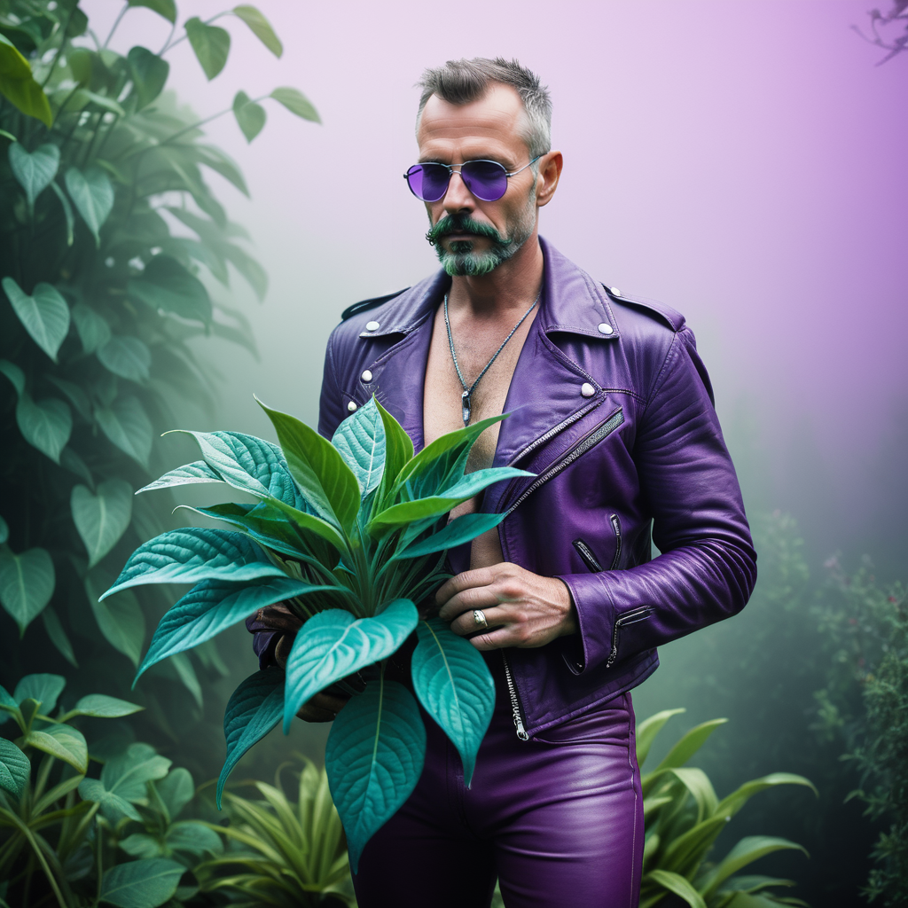 homoerotic ethereal dreamlike photograph, a leather Daddy holding a plant in a garden, green, purple, cyan, vividly queer, high saturation, hazy, fog