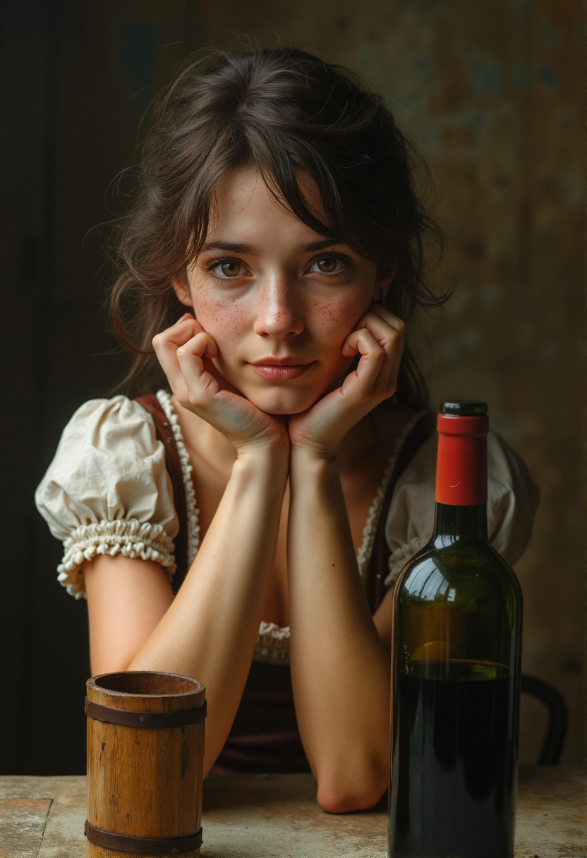 25yo italian cute girl,Renaissance  painting of a young woman with a delicate natural beauty. She has short soft slightly messy dark hair that frames her face with loose strands, giving her a casual carefree charm. Her face is adorned with light freckles across her cheeks and nose, youthful and endearing . Her almond-shaped eyes convey warmth and confidence, while a subtle smile enhances her approachable and genuine demeanor.The lighting is soft and diffused, highlighting her smooth complexion and creating a balanced and timeless image
she sits at a table in a tavern a opened bottle of old wine and a wooden cup Infront of her, she holds her hands under her chin with ehr elbows on the table
Renaissance era setting and fashion, highly detailed background of a tavern