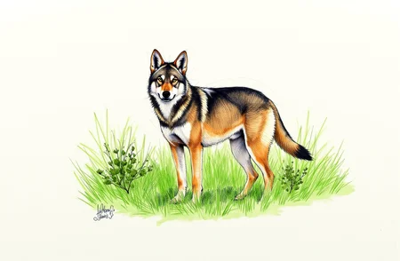 Sharp image of a rough sketch, rendered in vibrant multi colour ballpoint pen, capturing the adorable features of a gray wolf standing in a grassy field. The wolf is facing the camera and its body is turned slightly to the side. Its fur is a mix of brown and black, with patches of lighter brown on the sides and back. Its ears are pointed and its eyes are dark and alert. The grass around the wolf is tall and green, and there are a few small bushes and shrubs scattered throughout the field.  p3nsk, <lora:p3nsk:1>