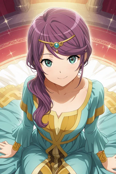 masterpiece, best quality, amazing quality,
<lora:Junna_IL:1> junna, 1girl, solo, long hair, smile, purple hair, sitting, green eyes, hair over shoulder, dress, looking at viewer, sparkle, circlet
