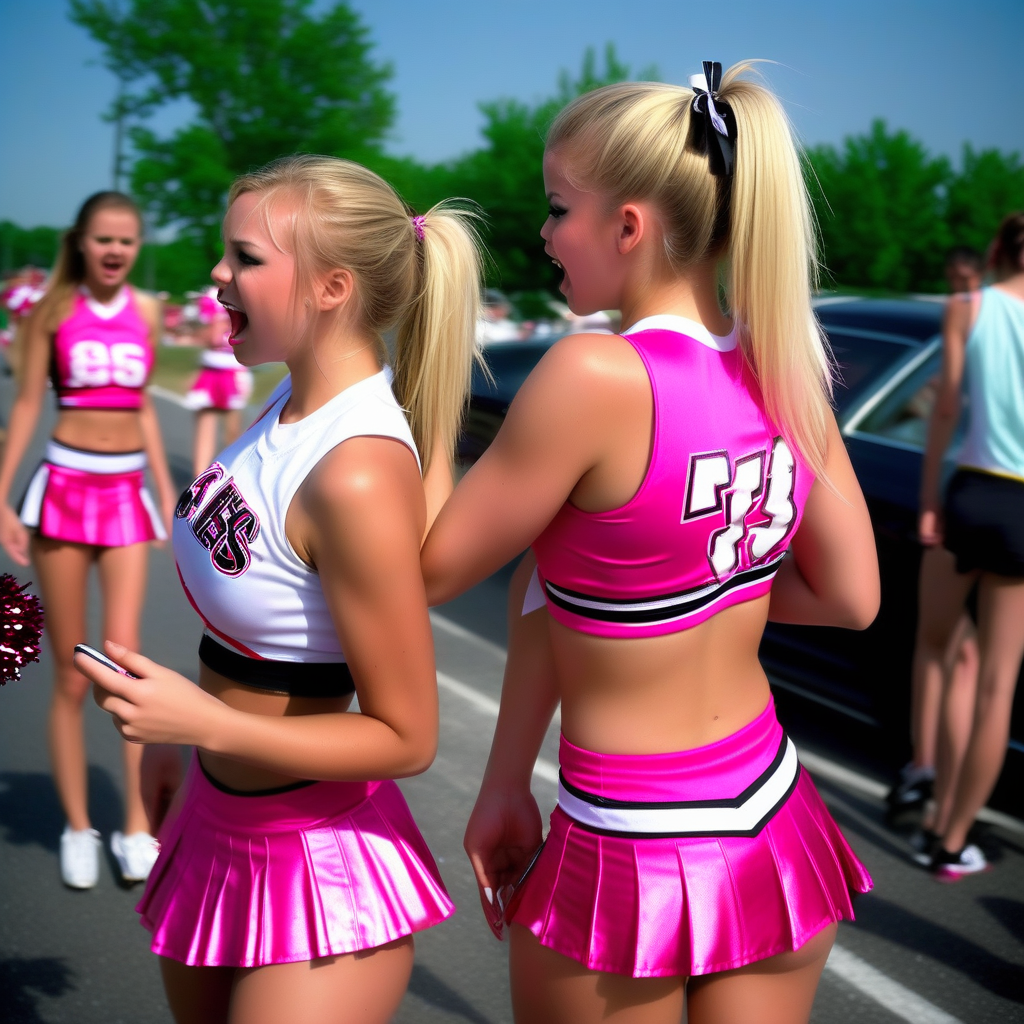 18yo woman gets splashed by a nearby car soaking her blonde pigtails and cheerleading uniform, making it cling to her curves tightly, medium perfect perky tits, perfect tight round toned ass, fit, abs, bimbo make up running, can see pink panties through wet skirt, another cheerleader is laughing and lifting the back of her skirt while taking a picture of her ass with a cell phone, another cheerleader is rubbing on her with a small hand towel , brooding she just stands there