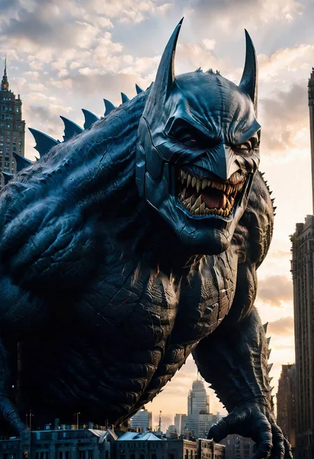 Colossus Batman in city , high quality, detailed background, 8k,35mm ,detailed face,  detailedeyes,