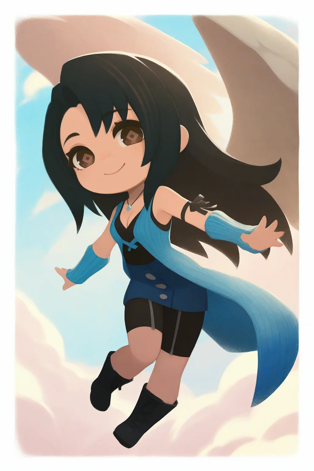 masterpiece, best quality, 1girl, solo, <lora:ffrinoa-illu-nvwls-v1-000007:1> ffrnaht, black hair, long hair, dark brown eyes, necklace, light blue cardigan, cleavage, black shirt, sleeveless, blue skirt, shorts under skirt, arm ribbon, arm warmers, black boots, angel wings <lora:style_onmyoji_illustriousXL-GLoRA:1> onmyojistyle, chibi, white border, diamond-shaped pupils, full body, arms outstretched, blue sky, clouds, smile, looking at viewer
