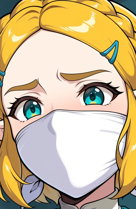 1girl, solo, <lora:Zelda-IL-v2:0.5>, ChopioZelda, blonde hair, aqua eyes, pointy ears, short hair, crown braid, sidelocks, parted bangs, hairclip, 
close-up, portrait,  <lora:OTN:0.9> 0tn, thick9a9, gagged, , extremely detailed, highres, masterpiece, best quality