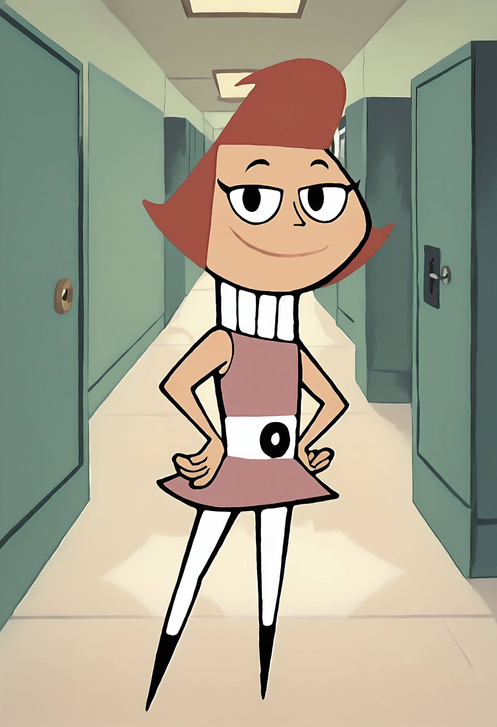 <lora:PteresaPony1.0:1>pteresa, pink dress, red hair, short hair, solo, 1girl, black eyes, white belt, white pantyhose, black footwear, smile, looking at viewer, hand on own hip, cowboy shot,, score_9, score_8_up, score_7_up, score_6_up, score_5_up, score_4_up,hallway, indoors, school