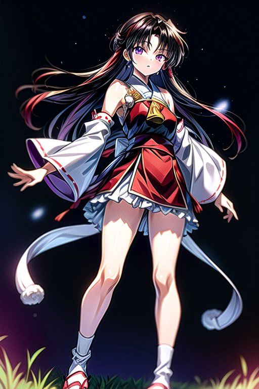 masterpiece,  best quality 1girl Setsun4 solo long hair,  (night time) forest background black hair very long hair purple eyes multicolored hair armor (fur trim) (medium body),<lora:EMS-179-EMS:0.800000>,<lora:EMS-293862-EMS:0.800000>ascot, bare shoulders, black footwear, detached sleeves, embellished costume, frills, japanese clothes, nontraditional miko, red skirt, sandals, sarashi, skirt, socks, white sleeves, white socks, wide sleeves, yellow ascot, zouri, armor, miko