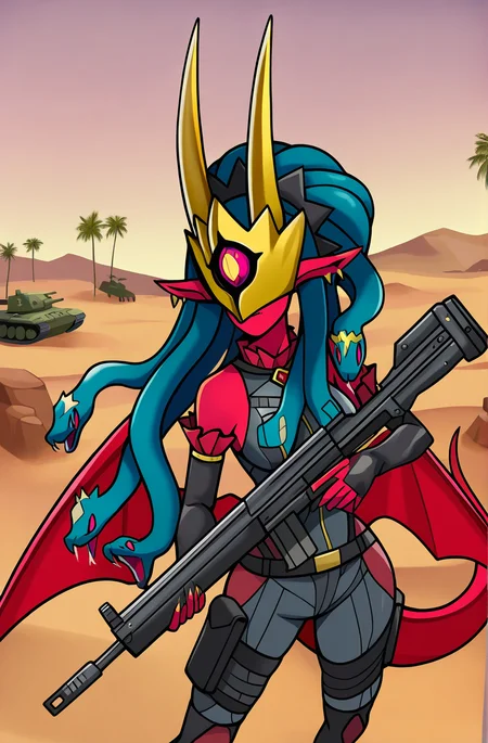 1girl,solo,medusamon,snake hair, red skin,gold horns,metal gear \(series\),metal gear rising: revengeance,concept art, camo bodysuit,flak armor,holding rifle,outdoors,desert,tank,palm trees, tail,low wings, upper body,3/4 shot, <lora:MedusamonIllus2:0.95>