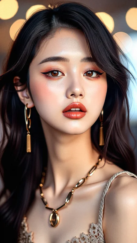 An upper body image of a beautiful korean woman, multicolored  wavy hair, light brown eyes, and bold eyeliner. She has fake nails,  and her lips are shiny and full. The extreme realism focuses on her detailed skin, showing fine textures and natural highlights.

The background is indoor plaza, background Couples dancing to street musicians in public squares, 

Her outfit are Retro halter-neck sundress with intricate design.

Subtle skin pores and natural texture on the face and neck, Realistic light reflections on the surface of the eyes, Slightly raised veins visible under the skin on the neck, Subtle veins visible on the eyelids under certain lighting, Realistic reflection of light on the glossy lips, following their curvature, Soft reflections on the necklace, enhancing its metallic look, Soft shadows under the lower lip, enhancing depth and form, slight noise effect to add texture and realism to the image.a slight sheen of sweat or natural skin oil to areas like the forehead and nose.Apply subsurface scattering to the skin to simulate the way light penetrates and scatters within it, enhancing realism.

Close-up shot with a sultry look, lips slightly parted and head tilted
























 









































