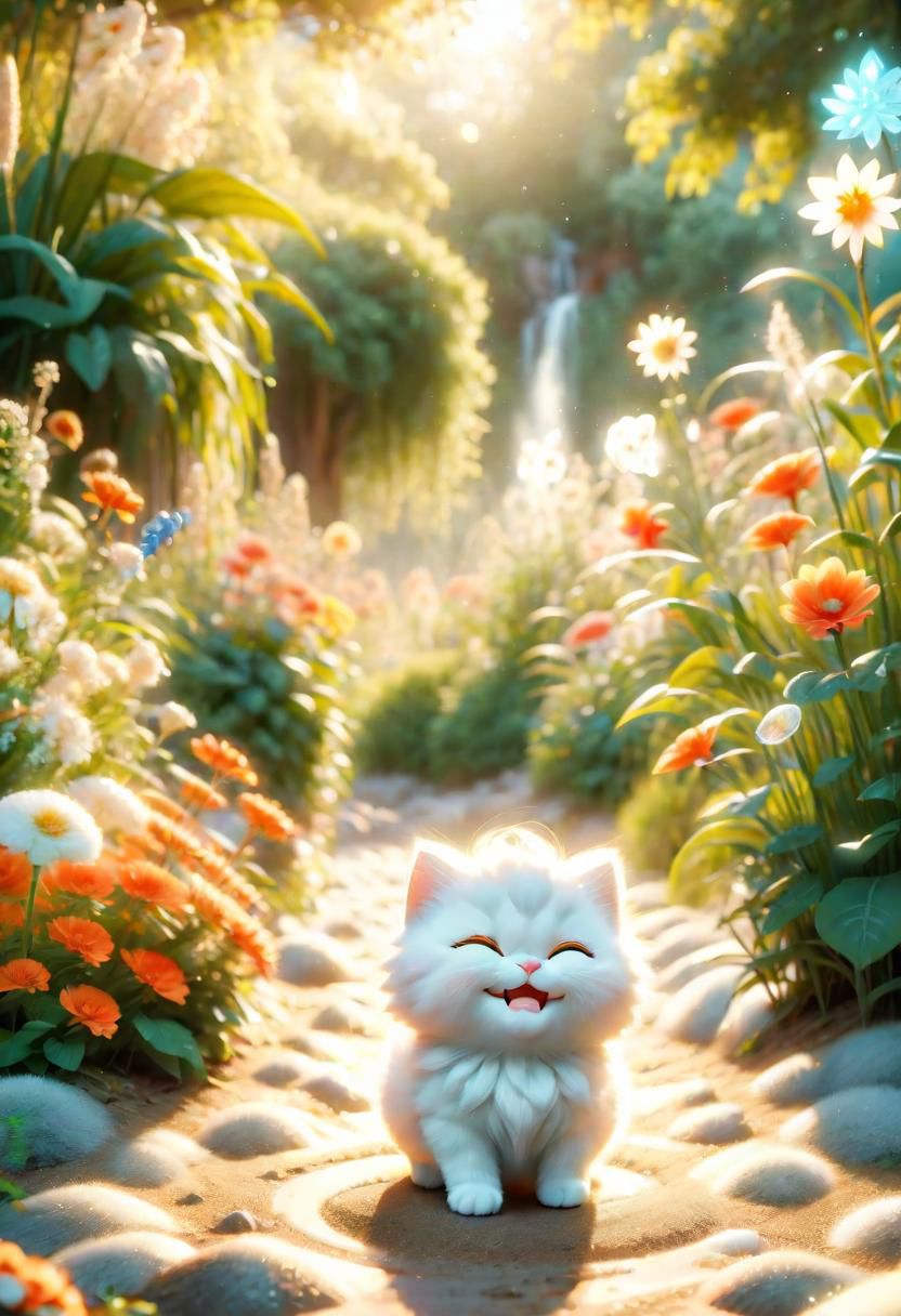 ral-fluff,<lora:ral-fluff:1>,
masterpiece,best quality,original,official art,cat,flower,blurred background,cartoon rendering,beautiful detailed glow,(detailed ice),beautiful detailed sun,sunny, flower, happy, big grin,