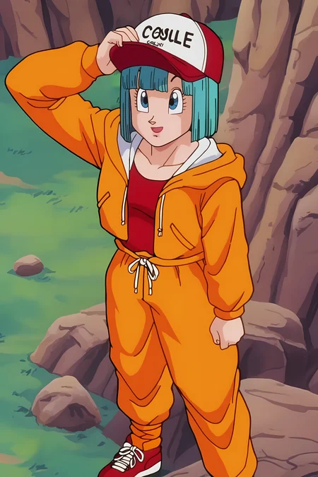 source_anime, score_9, score_8_up, score_7_up, anime screencap, high quality, 8k, absurdres, official style, 
bulma, android saga, short hair, aqua hair, bangs, blue eyes, bob cut
orange jumpsuit outfit, orange hoodie, orange legwear, red sneakers, socks, english text, baseball cap, red headwear, collarbone, hood down, open hoodie, orange sweatpants, red shirt, shirt tucked in, print headwear,
canyon, rock, dappled sunlight, hand on headwear, smile, from above, 
 <lora:bulmaDBZ_pony_v2:0.8>