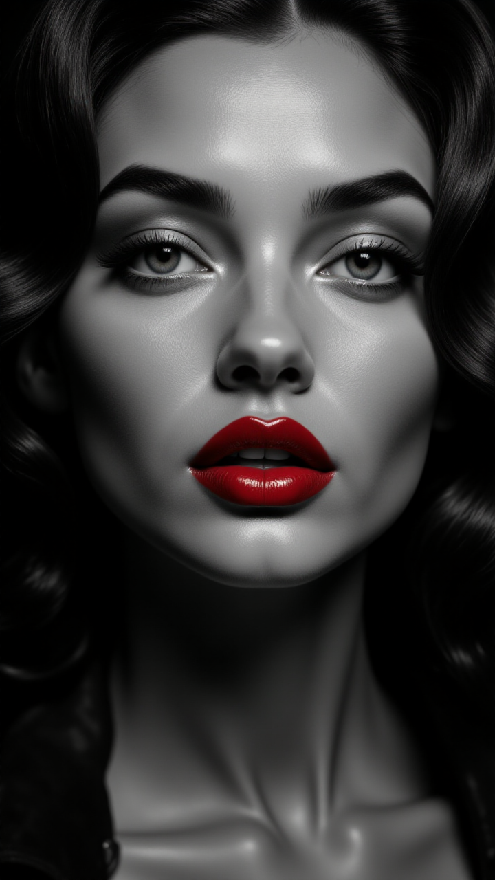 A black-and-white close-up of a supermodel with vintage Hollywood styling. Her hair is styled in soft waves, framing her face elegantly, and her lips are painted in classic, bold red (despite the monochrome setting, the viewer can imagine the intensity of the color). Her skin is perfectly smooth, and a single beauty mark adds to her timeless allure. The lighting is dramatic, casting deep shadows and giving her face a sculpted, iconic look,<lora:BetterPortraits:0.7>, jedjv1,  <lora:JedJourney_epoch_7:0.3>