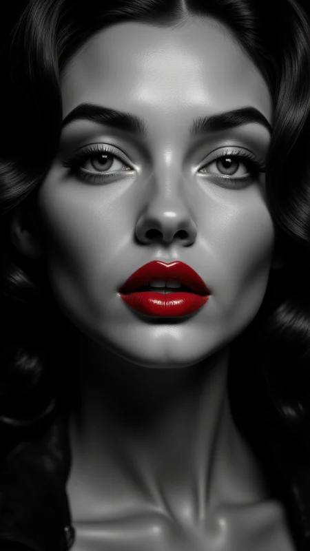 A black-and-white close-up of a supermodel with vintage Hollywood styling. Her hair is styled in soft waves, framing her face elegantly, and her lips are painted in classic, bold red (despite the monochrome setting, the viewer can imagine the intensity of the color). Her skin is perfectly smooth, and a single beauty mark adds to her timeless allure. The lighting is dramatic, casting deep shadows and giving her face a sculpted, iconic look,<lora:BetterPortraits:0.7>, jedjv1, <lora:JedJourney_epoch_7:0.3>