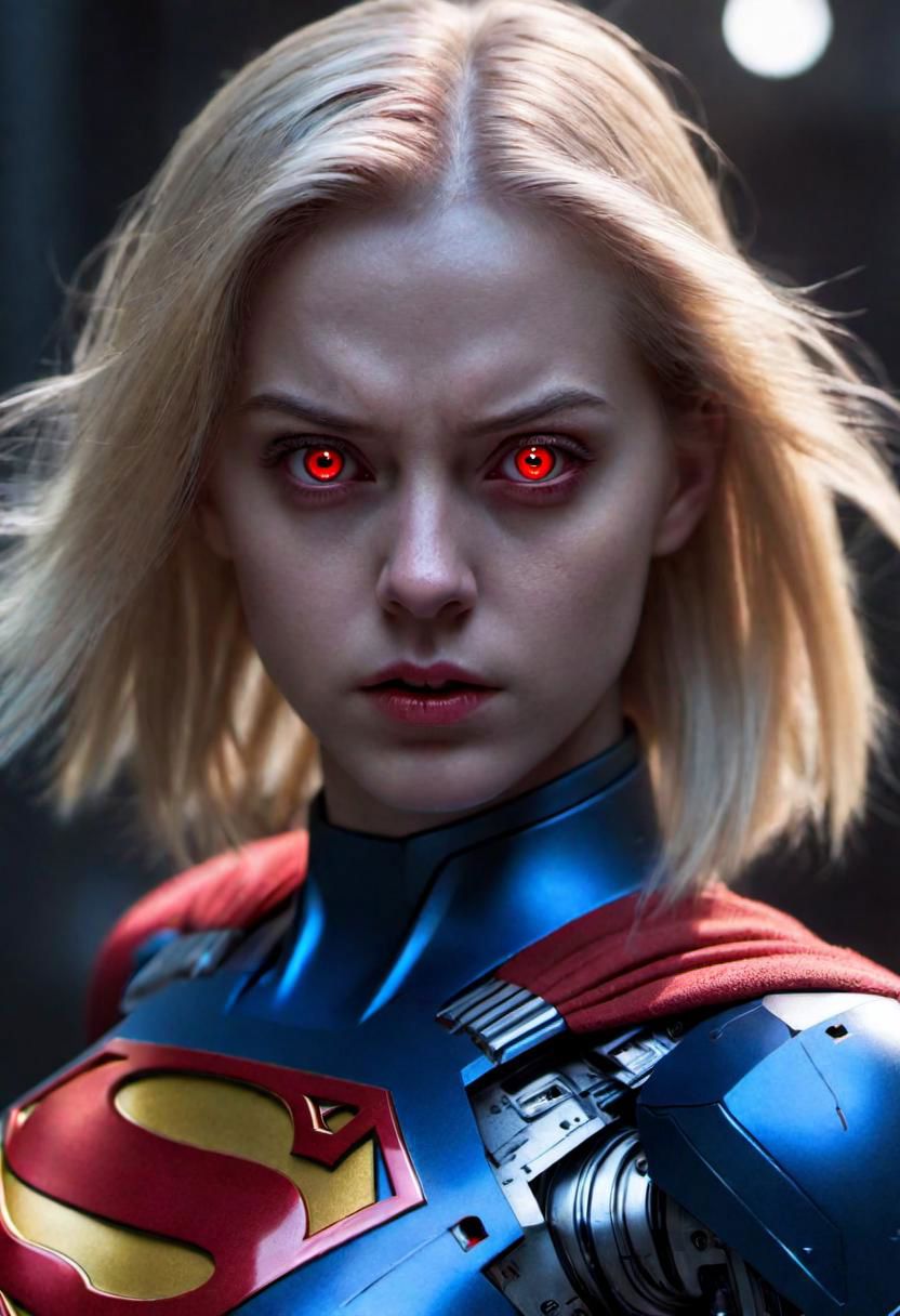 (masterpiece),
(robotic), red golowing eyes,
1girl, blonde , floating hair,
superman,
angry mood,
 upper body shot, 
 HDR, highly detailed, 32k, trendind on artstation,