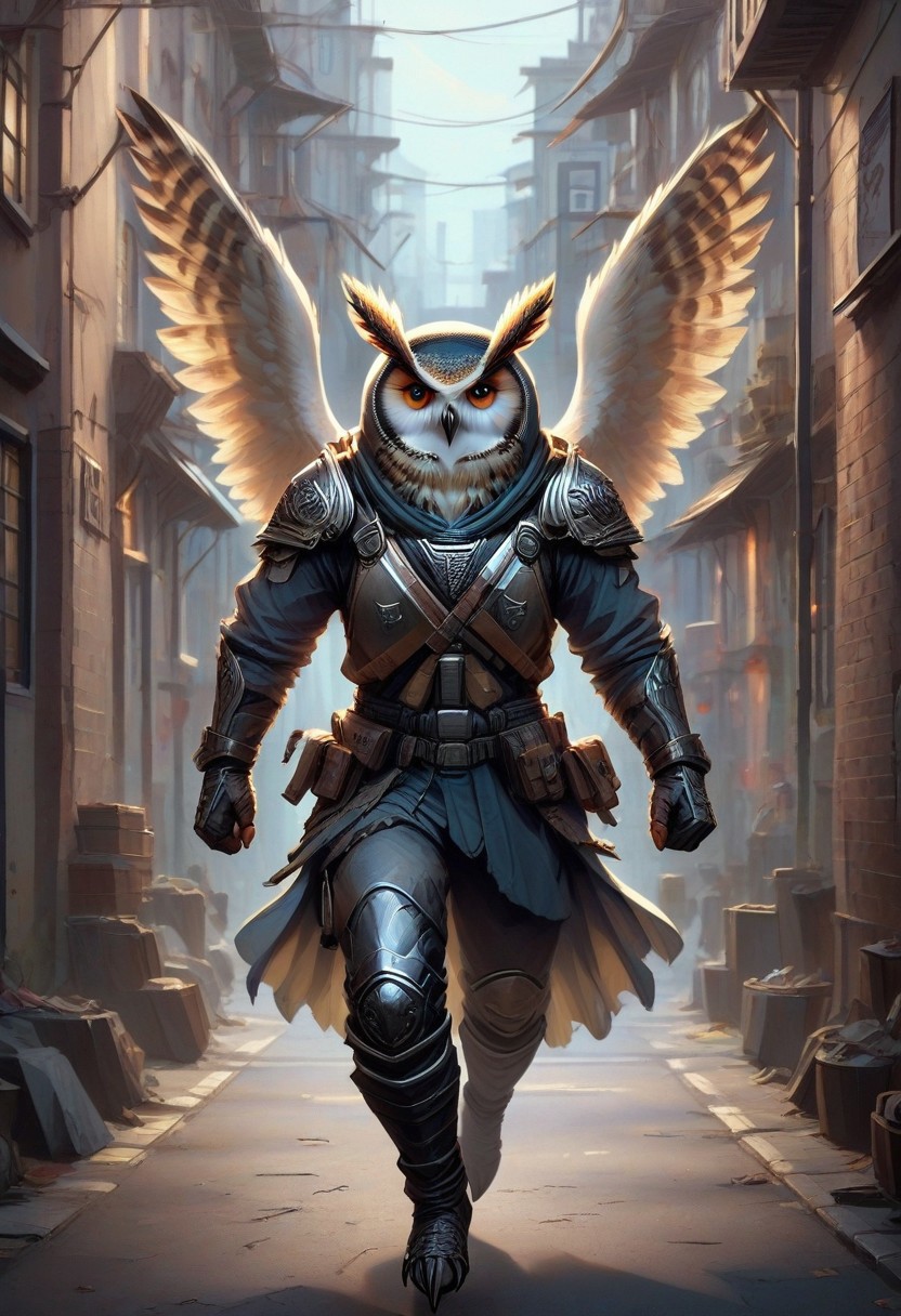Owlfolk, a soldier running through an alleyway
