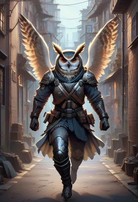 Owlfolk, a soldier running through an alleyway