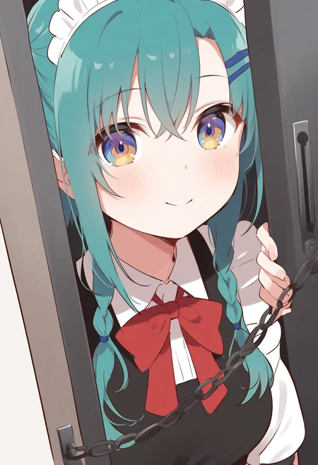 1girl,sincos, ningen mame, toosaka asagi,solo,medium breasts,20yo,maid,maid headdress,
door chain, peeking out, open door,<lora:doorchain_XL_v1:1.0>
chain, pov doorway, opening door, close-up,
from side, portrait, looking up, aqua hair, brown eyes,confused, Station platform, closed mouth, twin braids hair,,
best quality, very aesthetic, absurdres ,