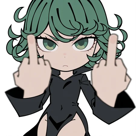 highres, hi res, best quality, masterpiece, 2d,
1girl, solo, female, eyelashes, green eyes, green hair, tatsumaki,
cowboy shot, looking at viewer, chibi, meme, parody, flat color, middle finger,
depth of field, white background, simple background, <lora:ZZZ_Stroll_Sticker_ILXL:1>