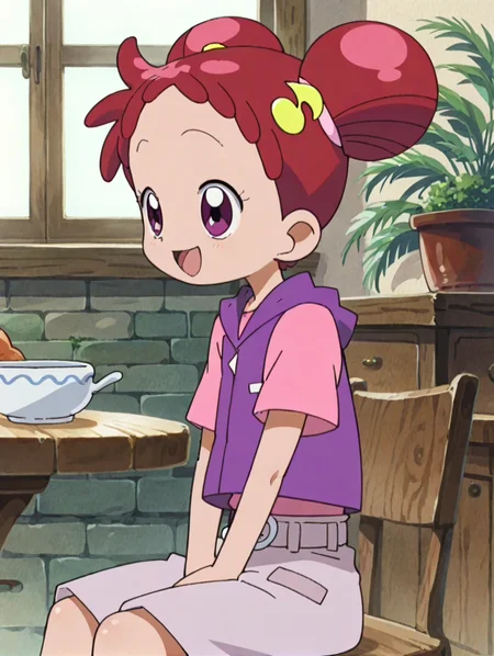 score_9, score_8_up, score_7_up, score_6_up, score_5_up, score_4_up,source_anime,anime screencap,1990s,1girl,flat chested,glistening body,shiny_skin,dewy skin,BREAK
<lora:doremih_v1:1> doremittikawa,purple eyes,red hair, hair bun, short hair,vest, hair ornament, short sleeves, shorts, belt,hood,sitting,smile,happy,living_room,side view, relaxing, looking_up