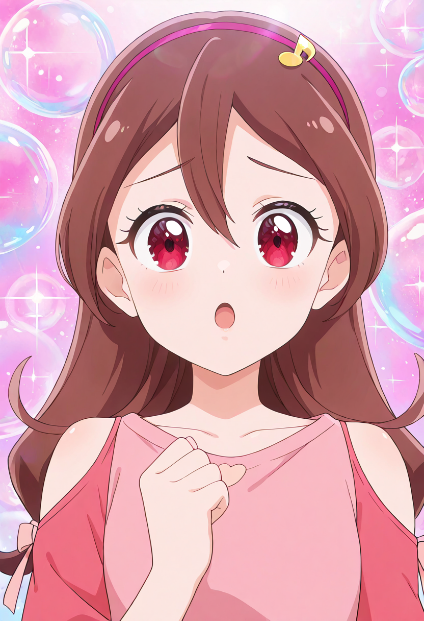 masterpiece, best quality, absurdres, very aesthetic, general,
sakura uta, casual, 1girl, brown hair, solo, long hair, open mouth, looking at viewer, sparkle, blush, collarbone, pink background, :o, upper body, hair between eyes, pink shirt, eyelashes, shiny hair, sparkle background, eyebrows visible through hair, bare shoulders, shoulder cutout, clothing cutout, hand on own chest, portrait, hair ornament, red eyes, musical note hair ornament, pink hairband, close-up, sleeveless shirt, pink dress, clenched hand, light particles, detached sleeves, headband, pink ribbon, raised eyebrows, bubble background, hand up, gradient background, anime coloring, hair down, multicolored background, arm ribbon, pink bow, lens flare, pink tank top, pink theme, simple background, clenched hands, singing, bubble,
<lora:cure_idol_sakura_uta_illustXL_locon_v1:0.8>