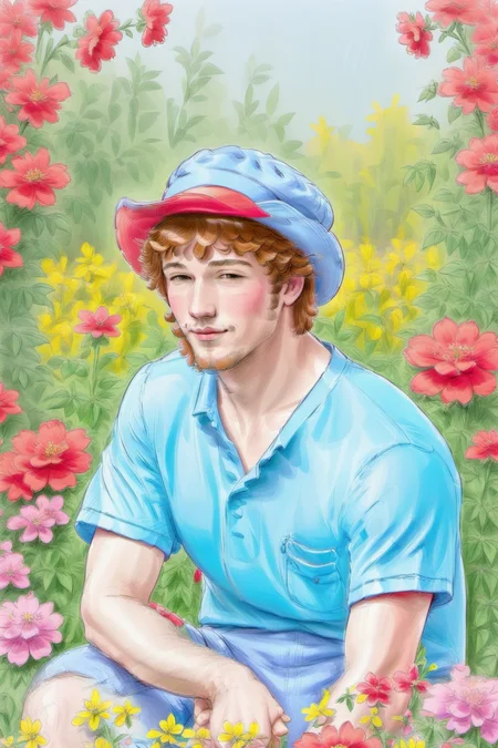 a man sitting, red hat, brown hair, short hair, blue eyes, pink shirt, red lips, flower garden background, drawing <lora:Drawing SDXL-000008:1>