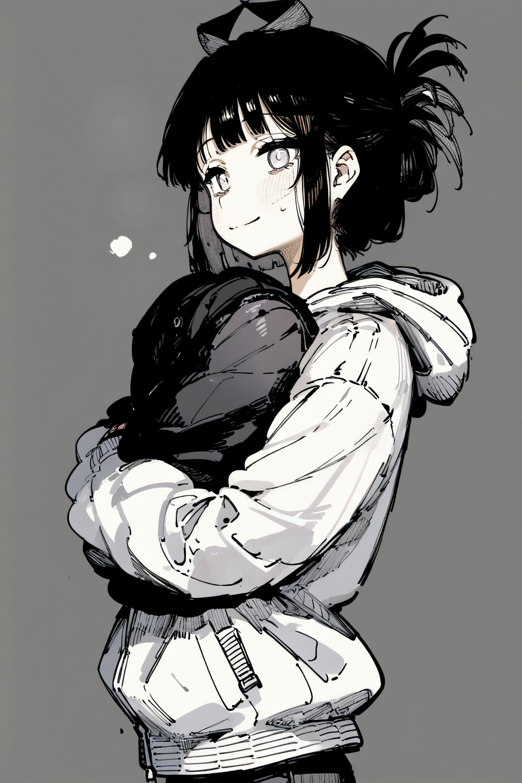score_9, score_8_up, score_7_up, hyuuga hinata, black hair, black pants, hooded jacket, jacket, pants, short hair, white eyes, white jacket, solo, solo focus, cowboy shot, simple background, Arms wrapped around the body, looking cozy, <lora:karasu_raven:1.3>, monochromeâââ