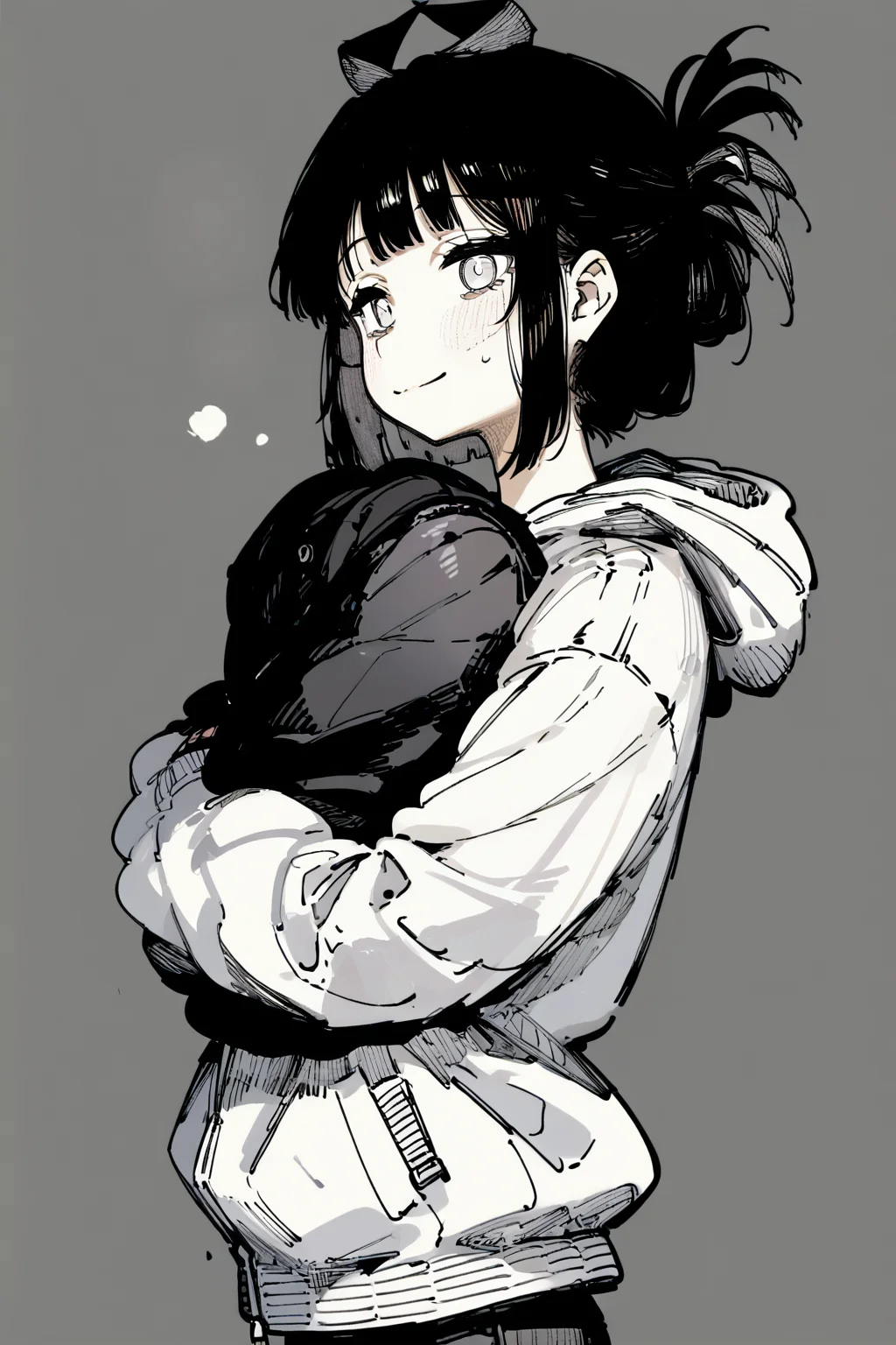 score_9, score_8_up, score_7_up, hyuuga hinata, black hair, black pants, hooded jacket, jacket, pants, short hair, white eyes, white jacket, solo, solo focus, cowboy shot, simple background, Arms wrapped around the body, looking cozy, <lora:karasu_raven:1.3>, monochromeâââ
