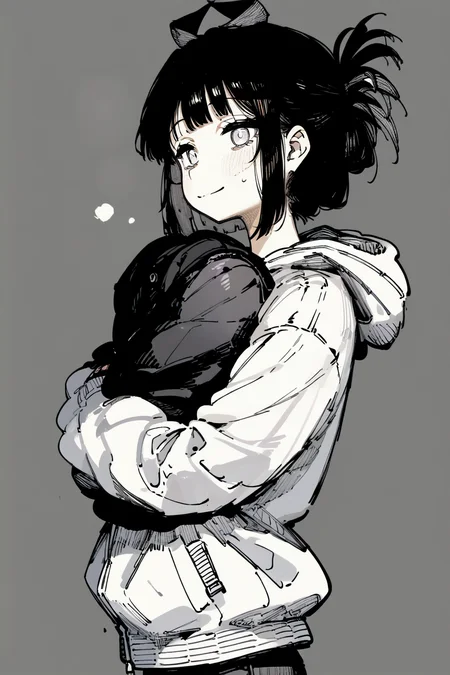 score_9, score_8_up, score_7_up, hyuuga hinata, black hair, black pants, hooded jacket, jacket, pants, short hair, white eyes, white jacket, solo, solo focus, cowboy shot, simple background, Arms wrapped around the body, looking cozy, <lora:karasu_raven:1.3>, monochromeâââ