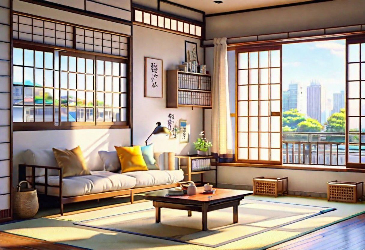((front view)), ((Japanese animation style)), modern-style interior, with white walls, (large windows), Nordic-style furniture, a  study, Sofa, coffee table, bookcase, single wall, 
warm light morning sun, (the view of the city)
