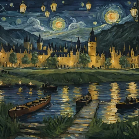 <lora:vncnt:1>, vncnt style, hogwarts from across a lake, at night, rowboats with lanterns