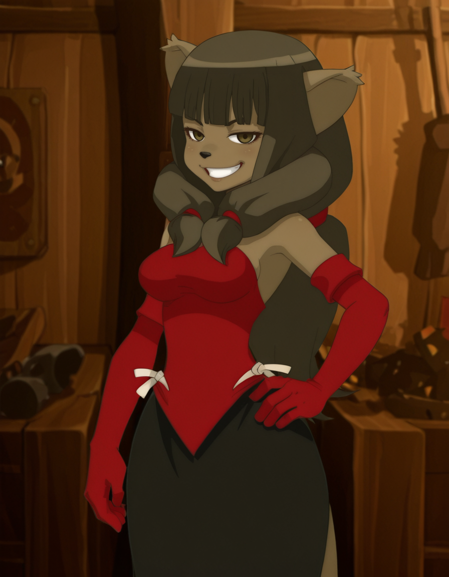 miranda, gloves, 1girl, furry, long hair, animal ears, elbow gloves, furry female, smile, dress, black hair, breasts, solo, looking at viewer, cowboy shot,indoors, grin,hand on own hip,   <lora:MirandaIllustrious1.0JLFO:1.0>
