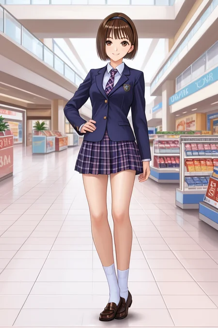 1girl, solo, looking at viewer, short hair, skirt, shopping mall, mall background, center of attention, brown hair, white background, brown eyes, school uniform, standing, jacket, full body, pleated skirt, hairband, necktie, shoes, socks, hand on hip, plaid, plaid skirt, bob cut, blazer, white socks, loafers, Hoshizaki Ao, school uniform outfit,<lora:Hoshizaki_Ao_Blue_Reflection_Pony:0.95>, sexy pose, sexy smile,