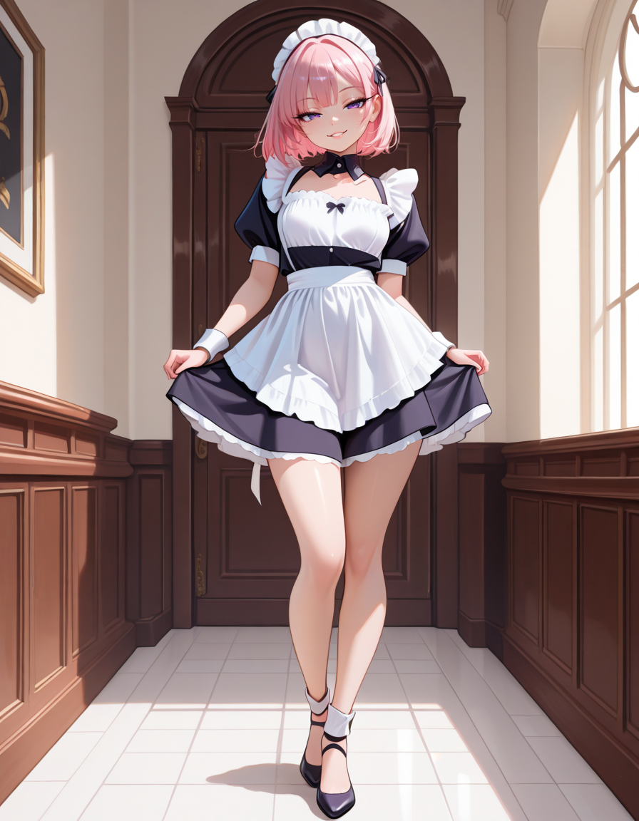 masterpiece, best quality, very aesthetic, absurdres,
indoors,
full body, standing, posing, 
seductive smile, parted lips, long eyelashes, 
<lora:CivChan_v01_NAIXL:1>
CivChan,1girl,solo,maid,pink hair, short hair, bangs, purple eyes,