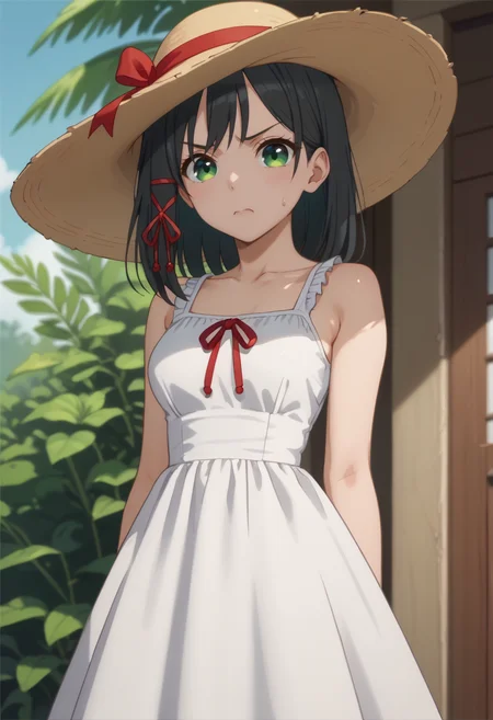 score_9, score_8_up,
1girl,  <lora:AmagamiYae_Amagamisan_PDXL:0.9>, amagamiyae, black hair, green eyes, red ribbon, hair ribbon,
sundress, sun hat,
frustrated