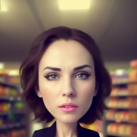 photograph of woman, BigHeadMode:2.5 big head, full body, , detailed, masterpiece, Sony, analog, iso 200, grocery store