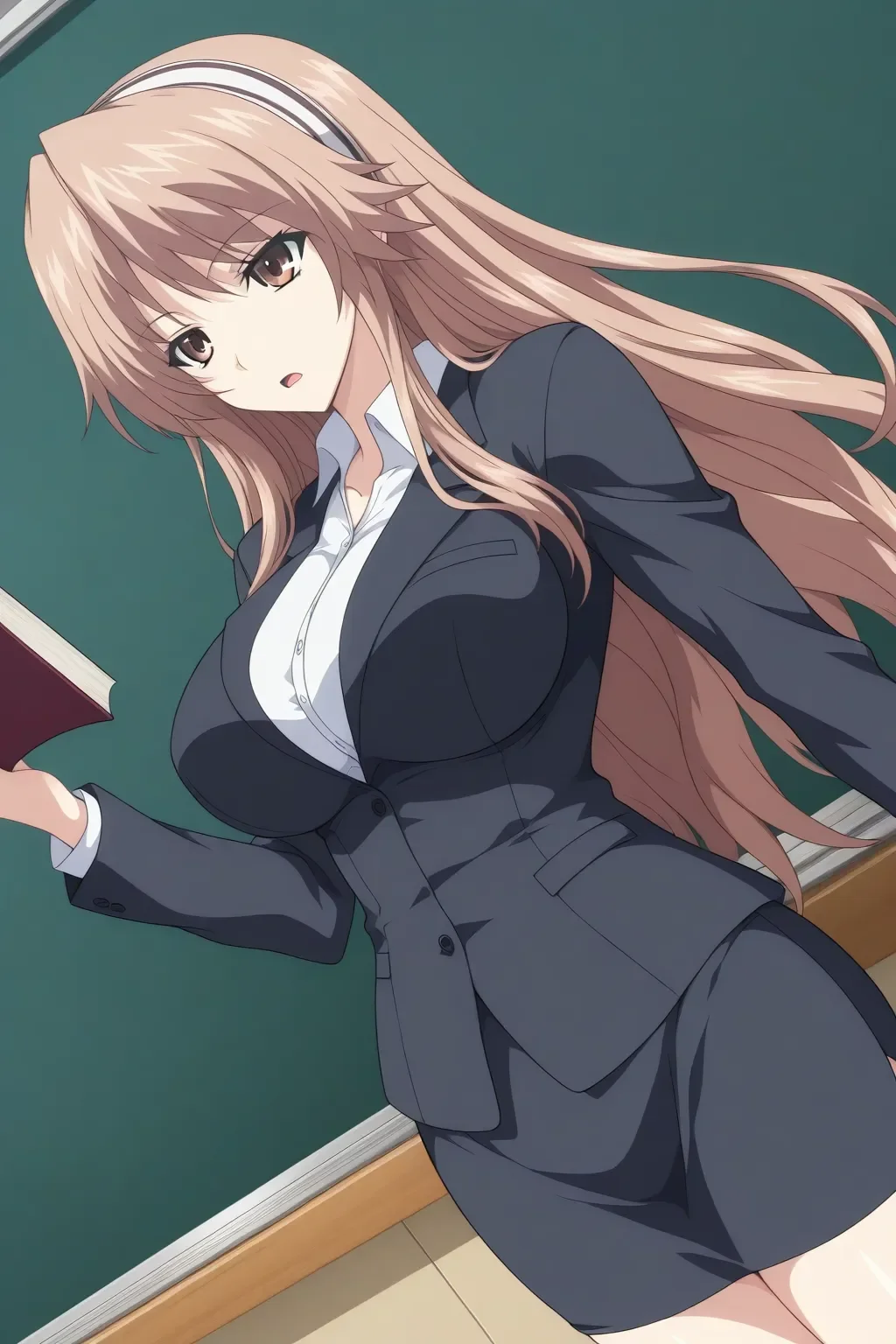 masterpiece, best quality, lovelycationani_tsukioka_misasa_ilxl, 1girl, solo <lora:lovelycationani_tsukioka_misasa_ilxl:1>classroom, dutch angle, general, teacher, Standing in front of a blackboard, business suit, book, reading book, miniskirt, open mouth, serious