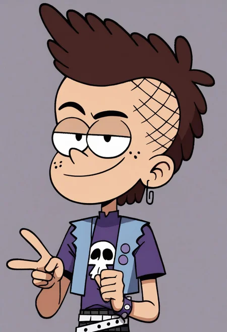 (score_9 | score_8_up | score_7_up) ((masterpiece:1))(best quality,very high quality,ultra detailed:1.2) (2D,cartoon style,anime style)(Smooth:2)(clean blurring) (four fingers on each hand,one thumb on each hand:1), Luke loud, solo, 1boy, Brown hair, faux hawk hairstyle, freckles on his face, purple shirt with a skull, blue vest, purple boots, black checkered pants, grey belt wrapped around his pants, paper clip earrings,