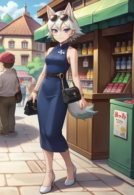 score_9, score_8_up, score_7_up, BREAK,
whitneyc, human, white hair, short hair, small breasts, 1girl, female, solo, blue dress, sunglasses on head, gold earrings, black purse, medium skirt, bow, white high heels, blue eyes, anime, full body, light smile, standing, detailed background, looking ahead, from side, three-quarter view, town, shops, wolf tail,
, <lora:Whitney_v2aS98:1>, zPDXL,