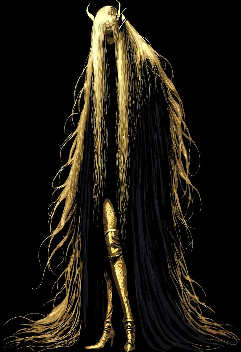 wizardry, illustration, beautiful,Female Dryard, long golden hair, silver kneeguards, magic, boots, long ears, slender long legs, black background, gradient, mysterious, mythical,