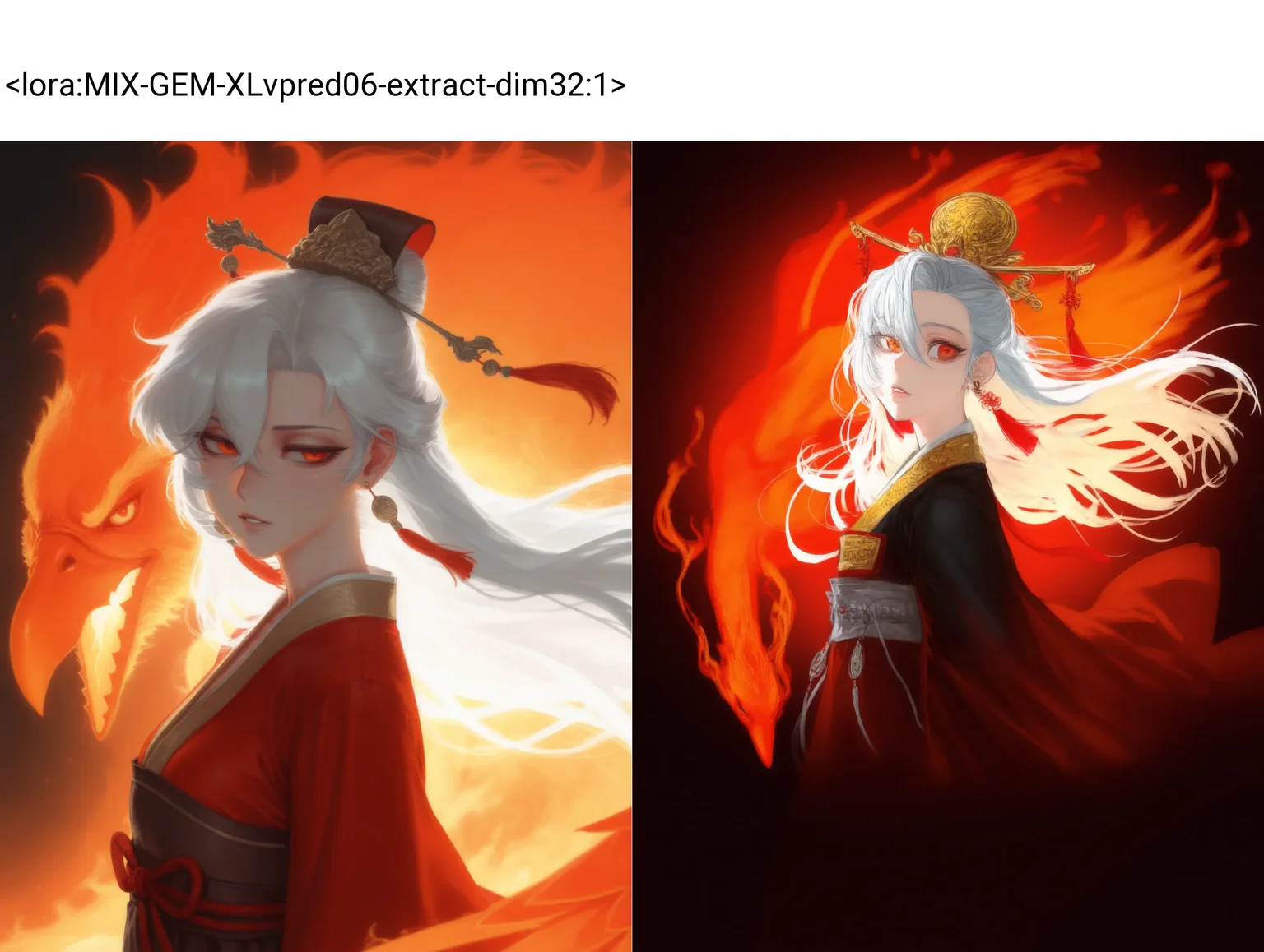 by z-ton, (by krekkov, by QUASARCAKE:0.725), (by mossacannibalis, by xilmo:0.65), <lora:MIX-GEM-XLvpred06-extract-dim32:1>,
1girl, animal, bangs, bird, chinese clothes, earrings, fire, floating hair, from side, hair between eyes, hair ornament, hanfu, jewelry, lips, long hair, looking at viewer, looking to the side, orange eyes, parted lips, phoenix, red eyes, solo, tassel, tassel earrings, upper body, white hair,
masterpiece, best quality, very awa, absurdres, highres, tenebrism, chiaroscuro